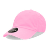 A pink 6 panel low profile relaxed dad hat with a circular logo on the front.