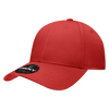 A red 6-panel low profile structured cap with a curved brim, featuring a logo on the front.