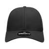 A black 6 panel low profile structured cap with a curved brim and a logo on the front.