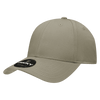 A tan 6-panel low profile structured cap with a rounded crown and a logo on the front.