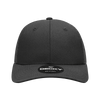 A 6-panel low profile structured trucker cap in black with a logo on the front.
