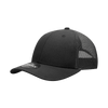 A low-profile structured trucker cap in black with a mesh back and a circular logo.