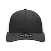 A black and white 6-panel low profile structured trucker cap featuring a logo on the front.
