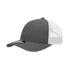 A grey and white 6-panel low profile structured trucker cap featuring a mesh back and a branded tag on the front.