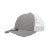 A grey low profile structured trucker cap with a white mesh back and a logo on the front.
