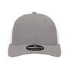 A grey low profile structured trucker cap with white mesh sides and a branded logo on the front.