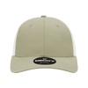 A low-profile structured trucker cap in muted khaki with white mesh panels and a logo on the front.