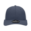 A navy blue and white structured trucker cap featuring a round logo on the front.