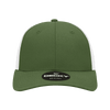 A green low-profile structured trucker cap with white mesh panels and a branded label on the front.