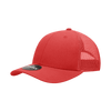 A red 6-panel low profile structured trucker hat with a mesh side and back, featuring a logo on the front.