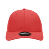 A red structured trucker cap with a curved brim and a logo on the front.