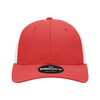 A red trucker cap with a low profile and structured design, featuring white mesh sides and a logo on the front.