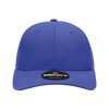 A structured trucker cap in vibrant blue featuring a round logo on the front.