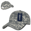 A grey camouflage dad hat with a low profile and relaxed fit, featuring a branding label.