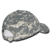 A grey camo dad hat featuring a low profile, six panels, and a relaxed fit, with a strap at the back.