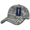 A grey camo dad hat with a low profile and a fabric label, featuring a logo.