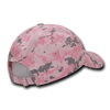 A pink camo dad hat featuring a 6-panel low profile design and an adjustable strap at the back.