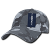 A grey camo dad hat with a relaxed fit and a logo tag on the side.