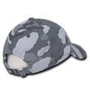 A grey and camouflage 6 panel low profile relaxed dad hat with an adjustable strap at the back.