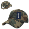 A camo dad hat featuring a low profile and relaxed fit, with a brand tag attached.