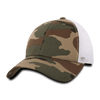 A camo trucker cap with a low-profile structure and a white mesh back. Perfect for casual wear.