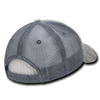 A grey and camo six-panel low profile structured trucker cap featuring a mesh back and adjustable strap.