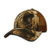 A camo-patterned cap with a low profile and structured design, featuring a brown mesh back and earthy tones.