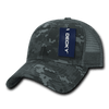 A camo trucker cap in shades of grey with a structured six-panel design and a mesh back. It features a logo.