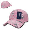 A pink camo trucker cap with a structured design and a mesh back, featuring a label.