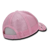 A pink camo trucker cap with a mesh back and adjustable strap. It features a structured six-panel design.