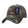 A camo trucker cap featuring a six-panel low profile design and mesh backing, with a branding tag attached.