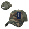 A camo trucker cap featuring a six-panel low profile design with a mesh back. It includes a logo tag.