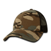 A camouflage trucker cap featuring a six-panel low profile design, with shades of brown and green. It has a mesh back and a logo.