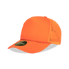 A bright orange 5-panel high profile structured foam trucker cap with a mesh back and a branded tag.