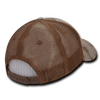A brown and beige camo trucker hat featuring a relaxed low profile and mesh back for ventilation.