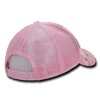 A pink camo trucker cap with a low-profile, relaxed fit and mesh back, featuring an adjustable strap and a logo.