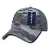 A grey camo cap with a low profile and relaxed fit, featuring a mesh back and a tag attached.