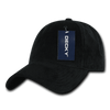 A black 6 panel low profile structured cap with a tag and curved brim. The cap features a logo.