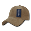 A tan 6 panel low profile structured cap with a hanging tag and a logo.