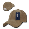 A low-profile structured cap in a light brown corduroy fabric, featuring a branding tag on the front.
