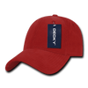 A red 6 panel low profile structured cap with a tag, featuring a curved brim and a logo on the front.
