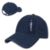 A 6-panel low profile relaxed cap in denim blue with a logo and a tag attached.