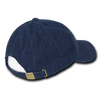 A navy blue 6 panel low profile relaxed cap with a metal clasp at the back and a logo on the side.
