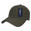 A low-profile, relaxed dad hat in olive green, featuring a tag and a logo.