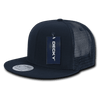 A navy blue high-profile structured trucker cap with a mesh back and a branded tag attached.