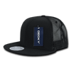 A black high-profile structured trucker cap with a mesh back and an attached tag featuring a logo.