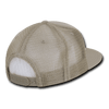 A beige structured trucker cap featuring a mesh back and adjustable snap closure. It has a logo on the side.