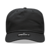 A black 5 panel high profile relaxed cap featuring a logo on the front, with a flat brim and ventilated design.