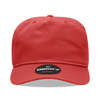 A red 5-panel high profile relaxed cap with a branded logo on the front.