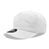 A white 5-panel high profile relaxed cap with a curved brim and a logo on the front.